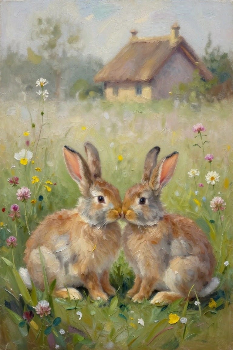 Two rabbits nuzzling amid wildflowers with a cottage in the misty background