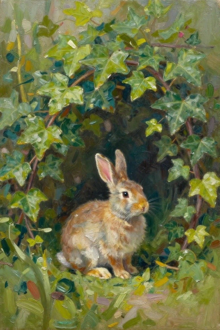 A realistic oil painting of a young brown rabbit sitting among green ivy leaves on the ground.