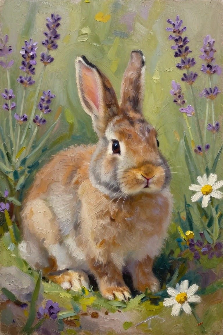 Brown rabbit amid purple lavender and daisies in a grassy meadow, oil painting.