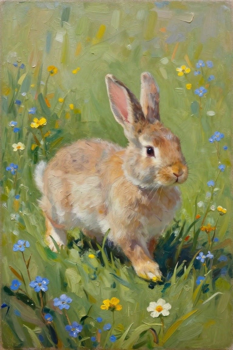 Brown rabbit amid lush green grass and colorful wildflowers in oil painting style