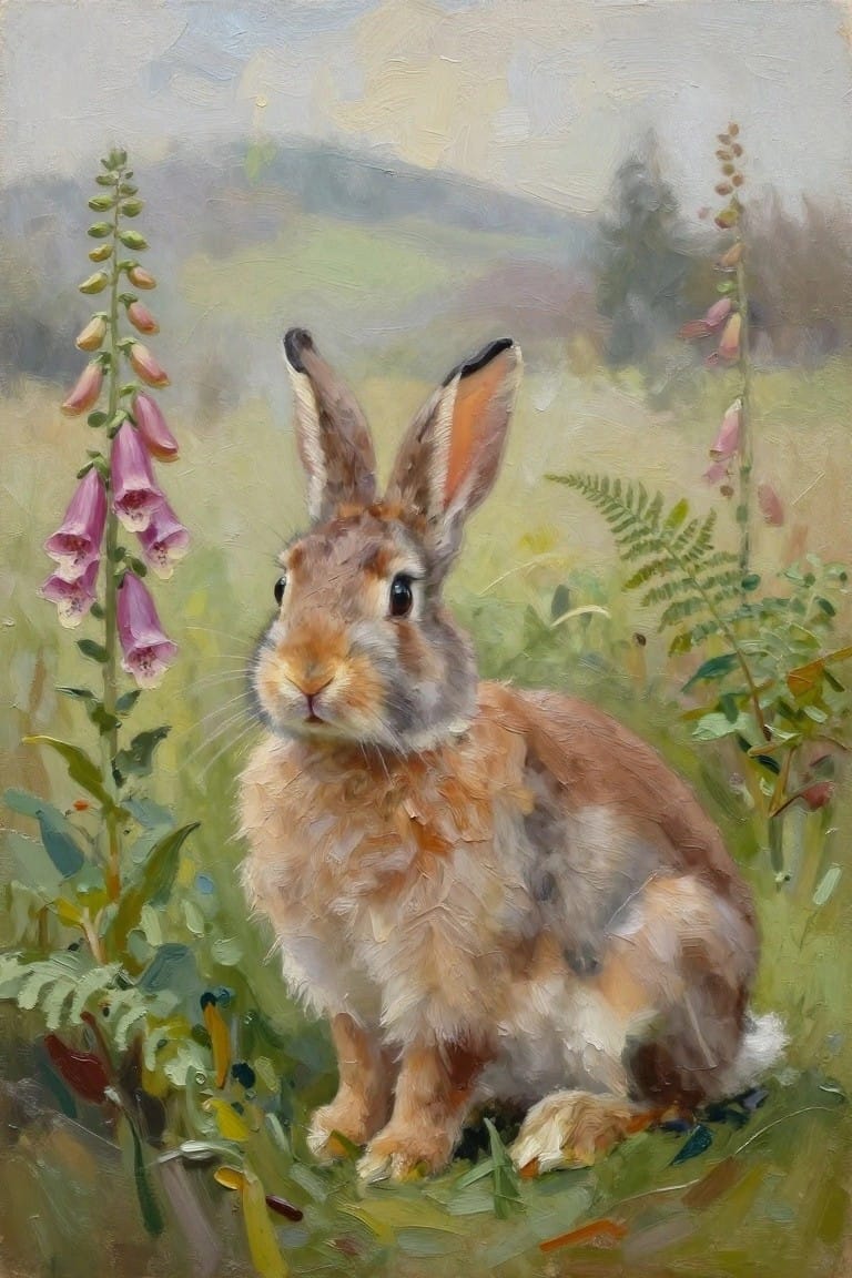 Oil painting of a brown rabbit amid pink foxgloves in a misty meadow.