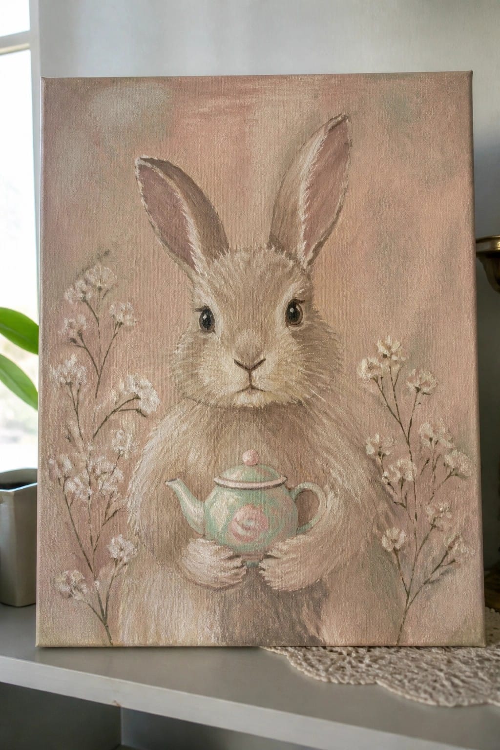 Soft pastel painting of a fluffy rabbit holding a floral teapot amid white blooms