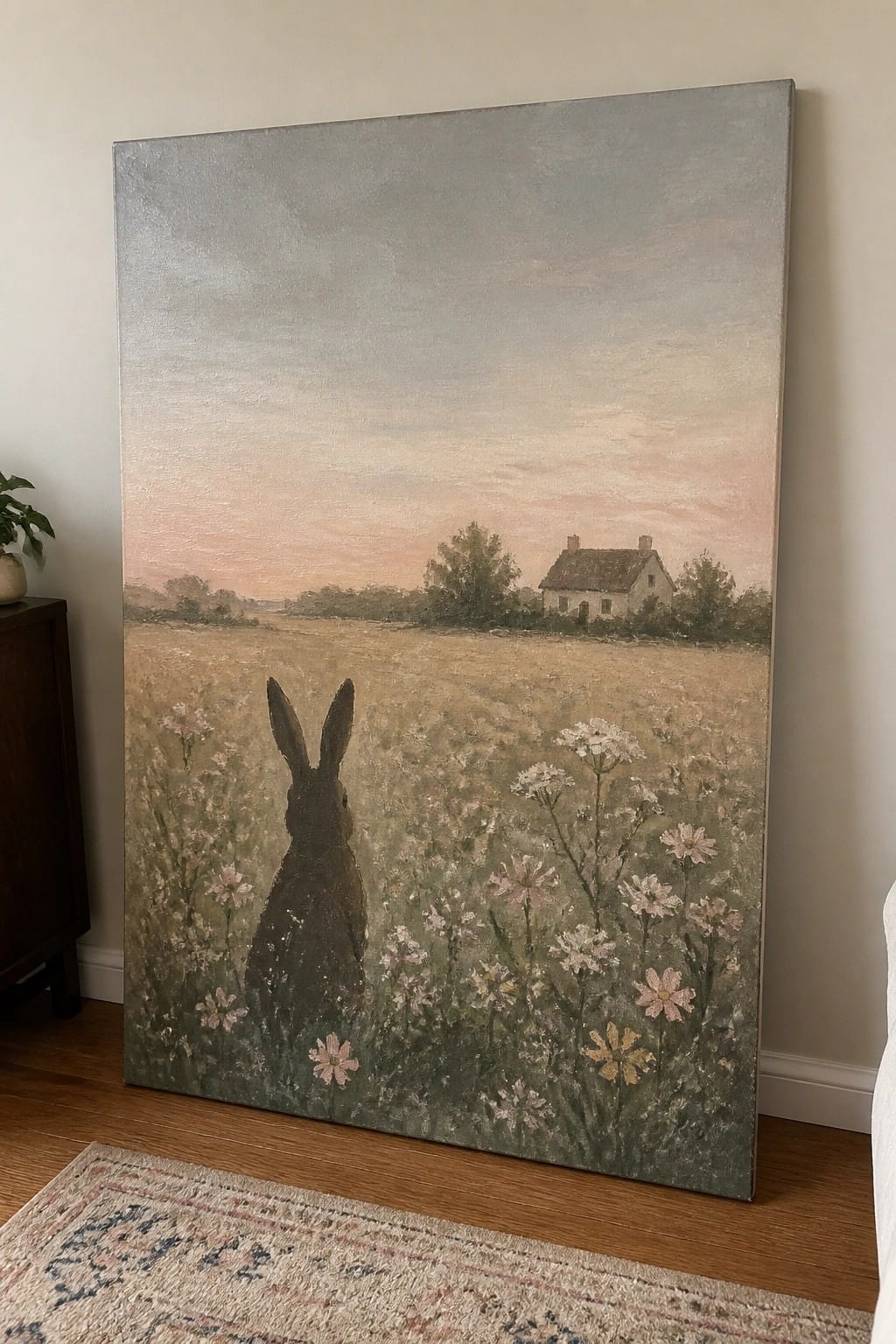 Large painting of a rabbit amid wildflowers gazing toward a distant cottage at sunset.