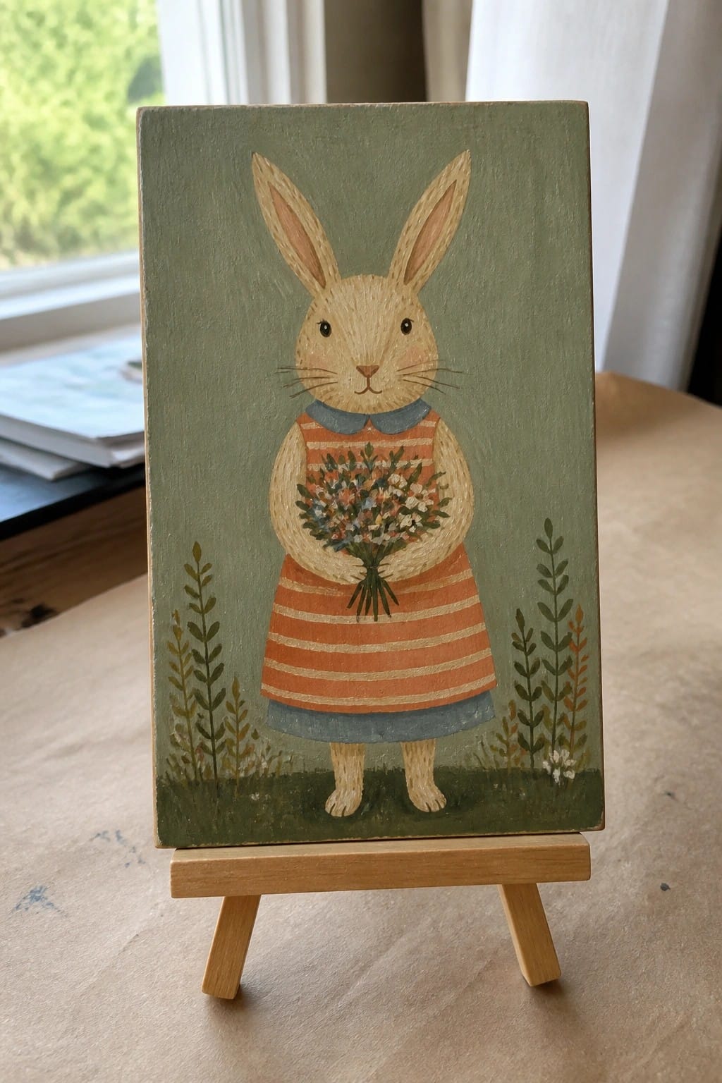 Painting on easel of rabbit in orange striped dress holding flower bouquet on green background.