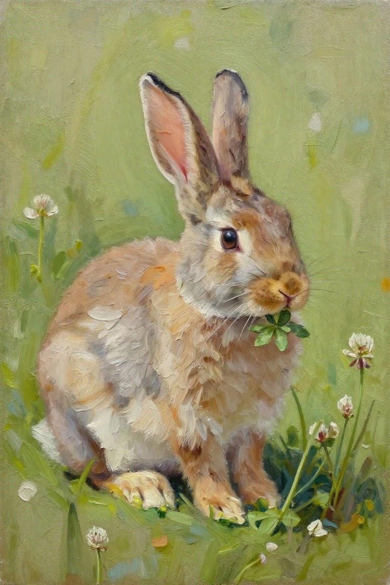 Brown rabbit eating clover in grassy meadow with white flowers, oil painting style.