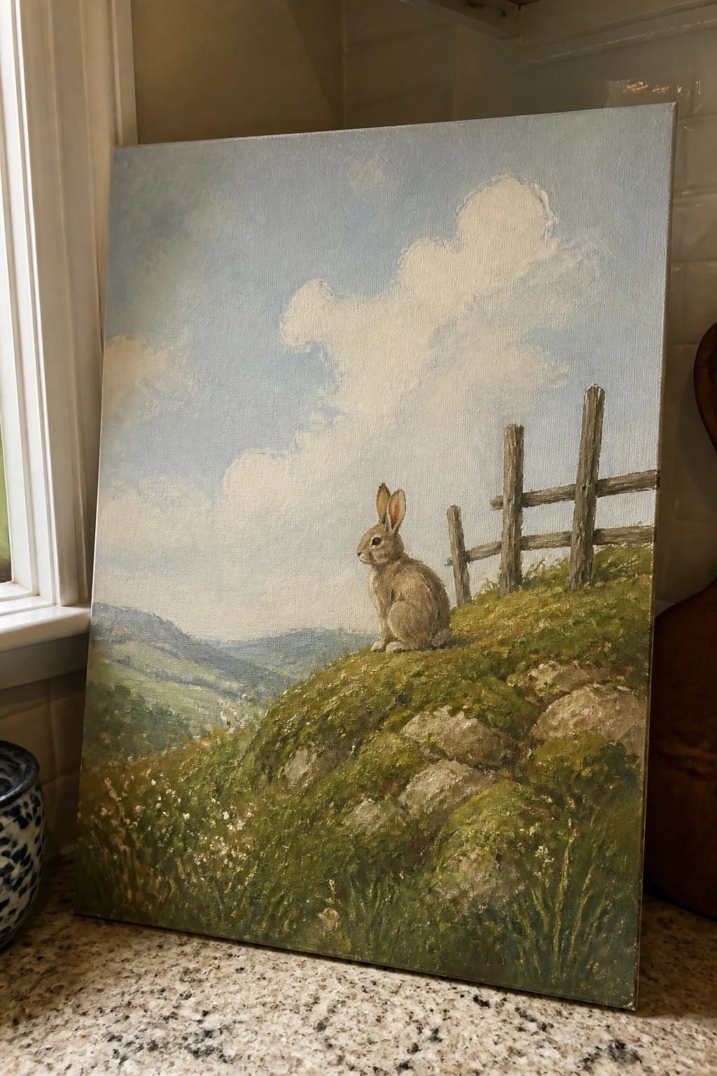 Oil painting of a brown rabbit sitting on a grassy hillside with rocks, a wooden fence, and rolling hills under a blue sky with clouds.