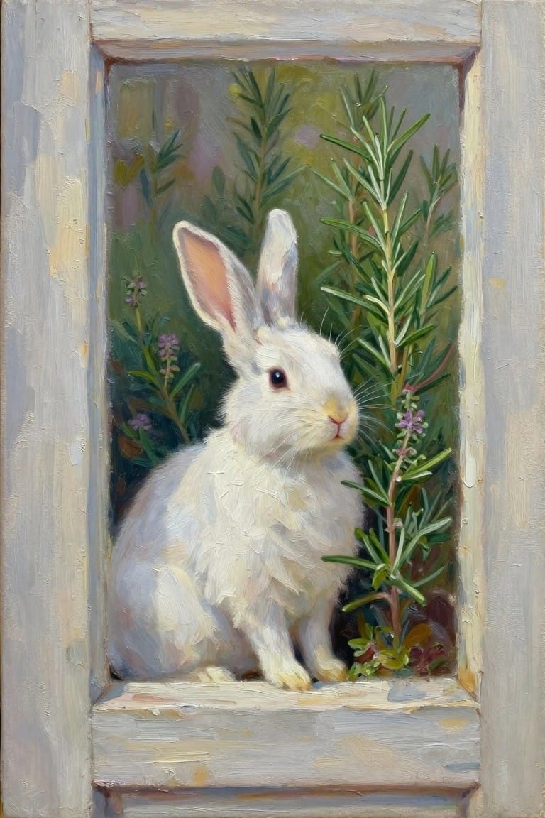 A white rabbit sits on a windowsill beside rosemary plants with purple flowers visible through the open window frame in an oil painting style.