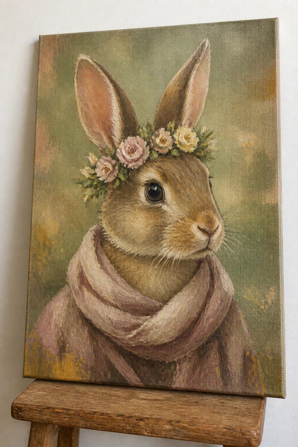 Brown rabbit wearing floral crown and scarf in canvas painting on wooden easel