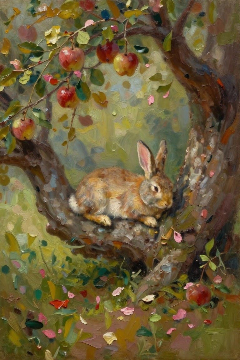 Brown rabbit resting on branch beneath red apples, green leaves in oil painting