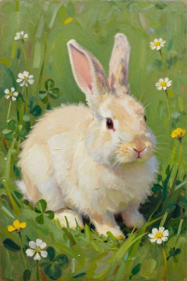 An oil painting of a white rabbit sitting in green grass with white daisies and clover leaves around it.