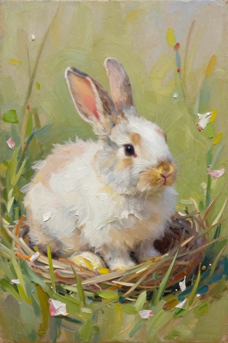 White rabbit with brown patches rests in twig nest amid green grass, oil painting.