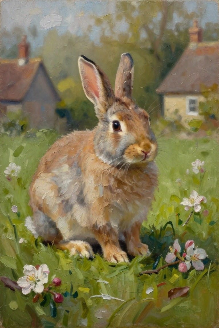 An oil painting shows a brown rabbit sitting in green grass surrounded by white flowers with houses in the background.