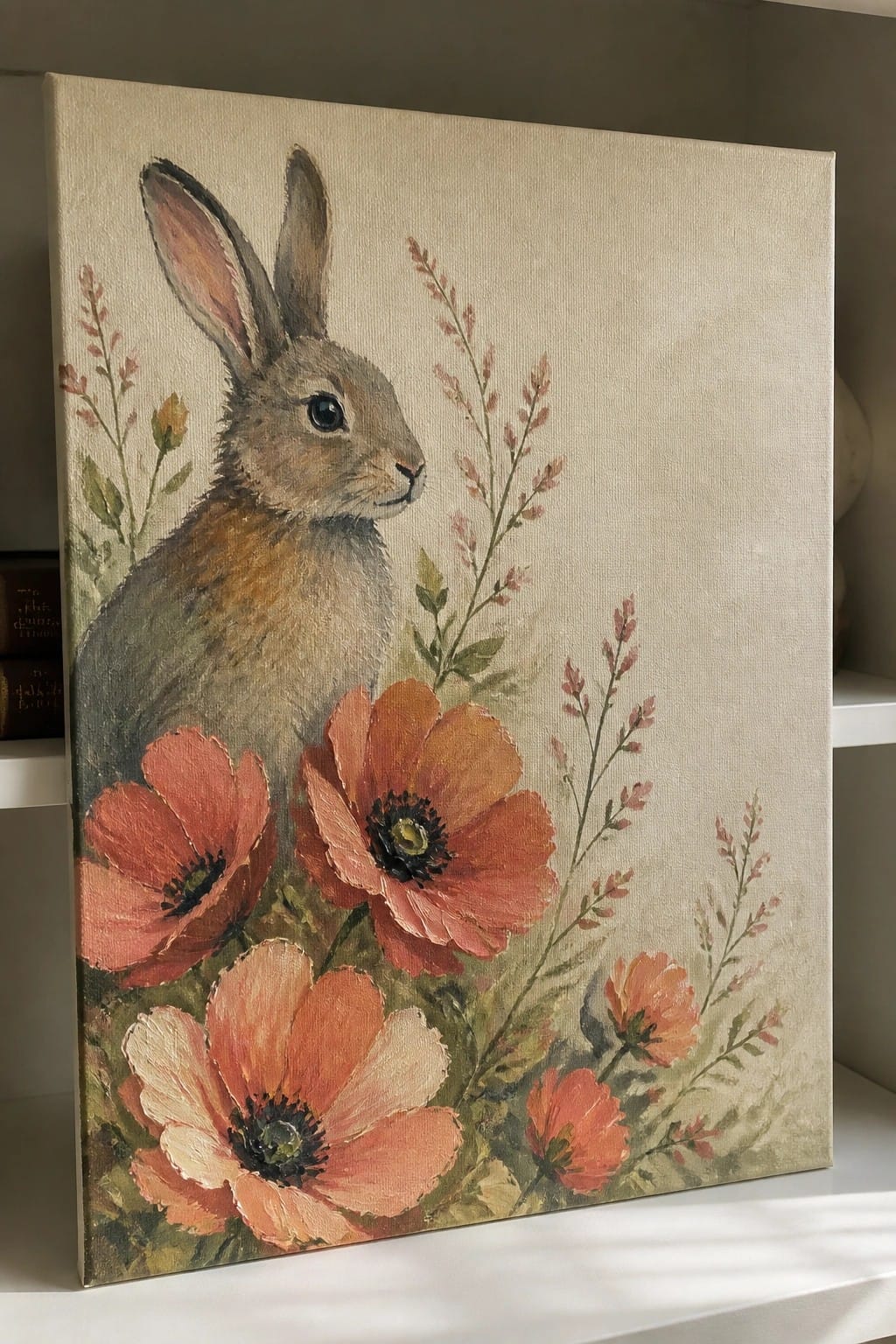 Canvas painting of a rabbit amid orange poppies and delicate wildflowers on beige background.