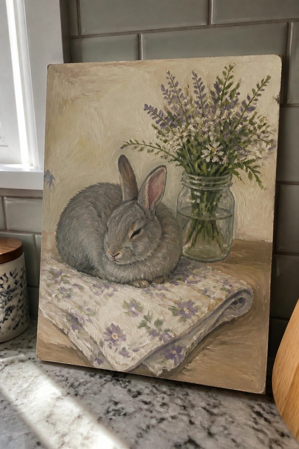 Painting of sleeping gray rabbit on floral cloth beside glass jar of wildflowers.