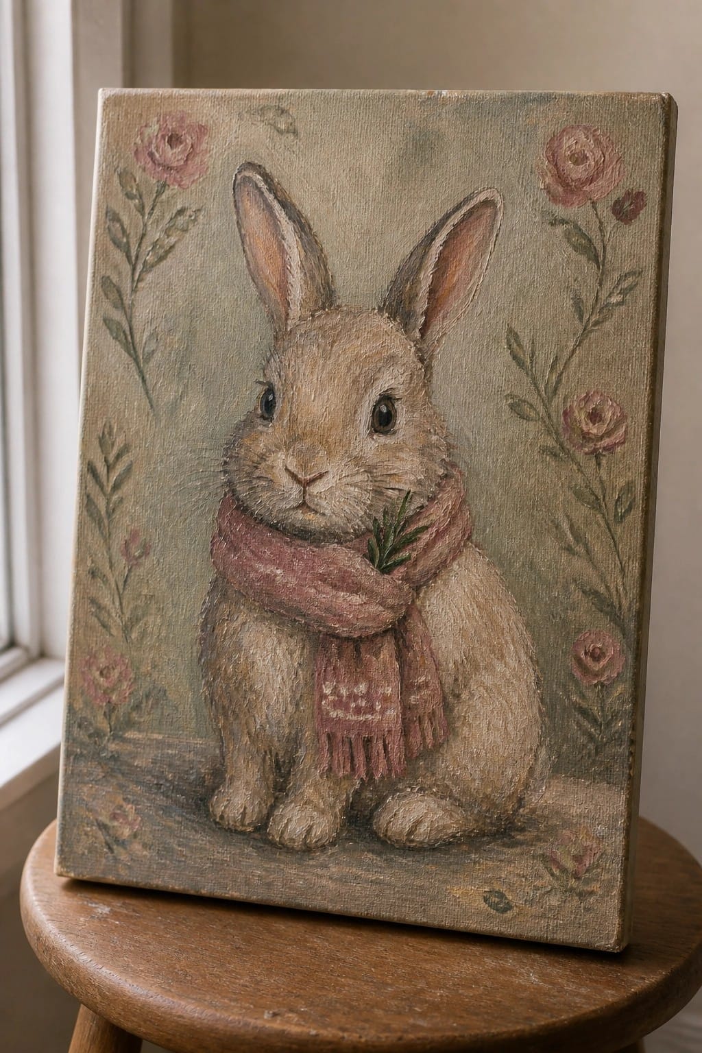 Rustic painting of a bunny in a pink scarf on canvas atop wooden stool