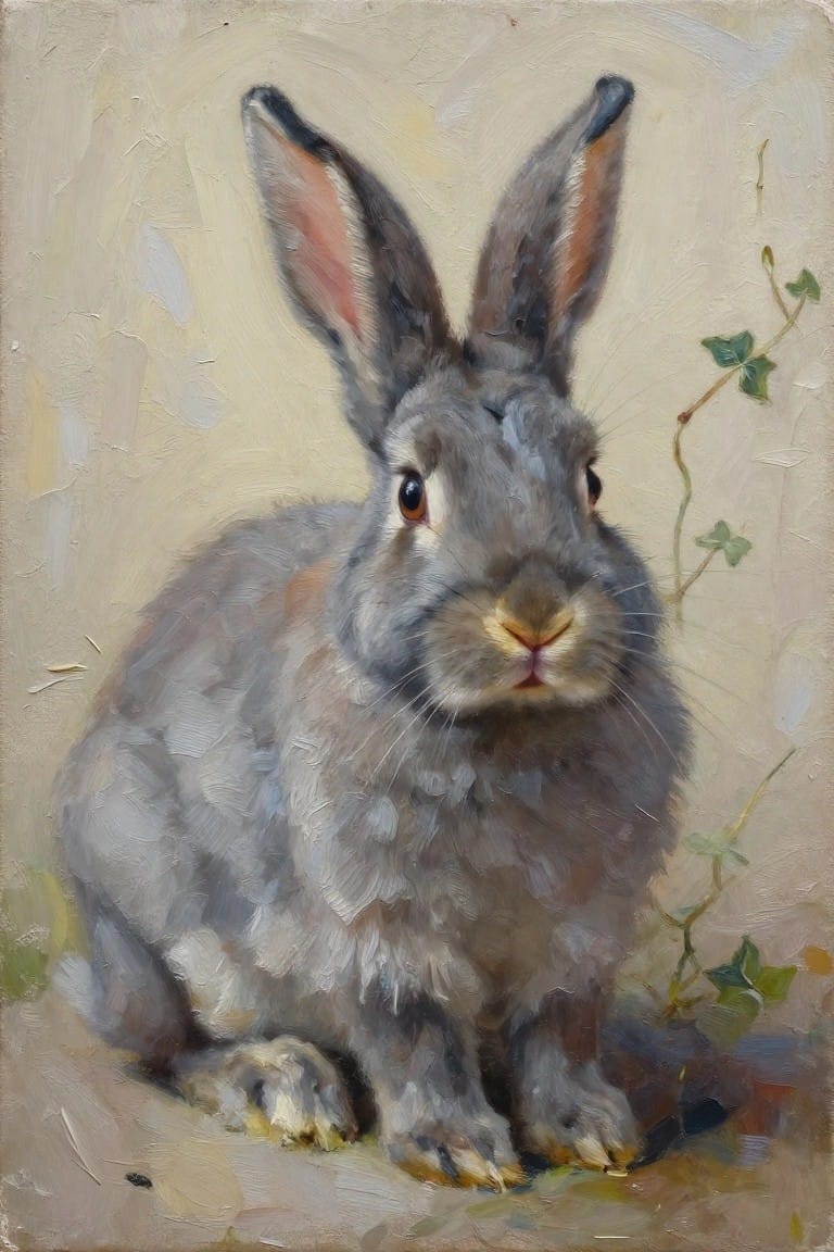 Oil painting of a gray rabbit sitting with large upright ears
