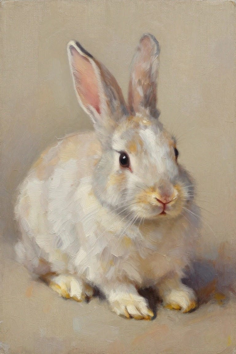 White rabbit with beige patches sits alertly, ears upright, in textured oil painting