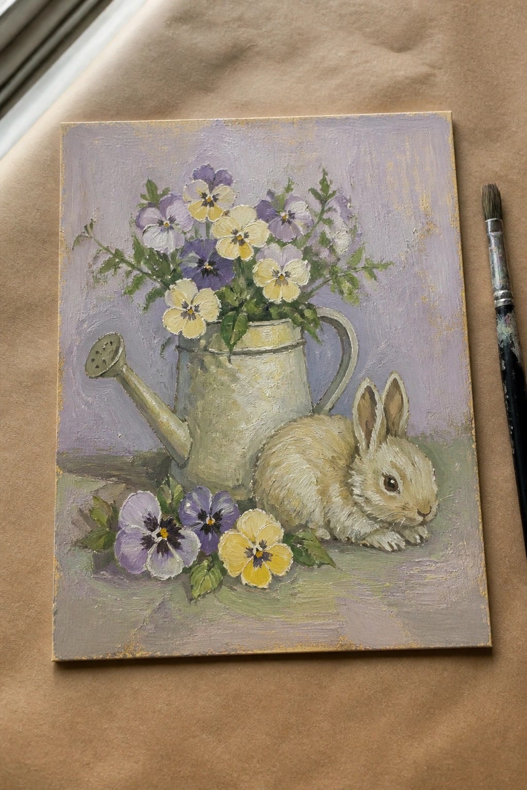 Painting of a small rabbit beside a watering can bouquet of purple-yellow pansies.
