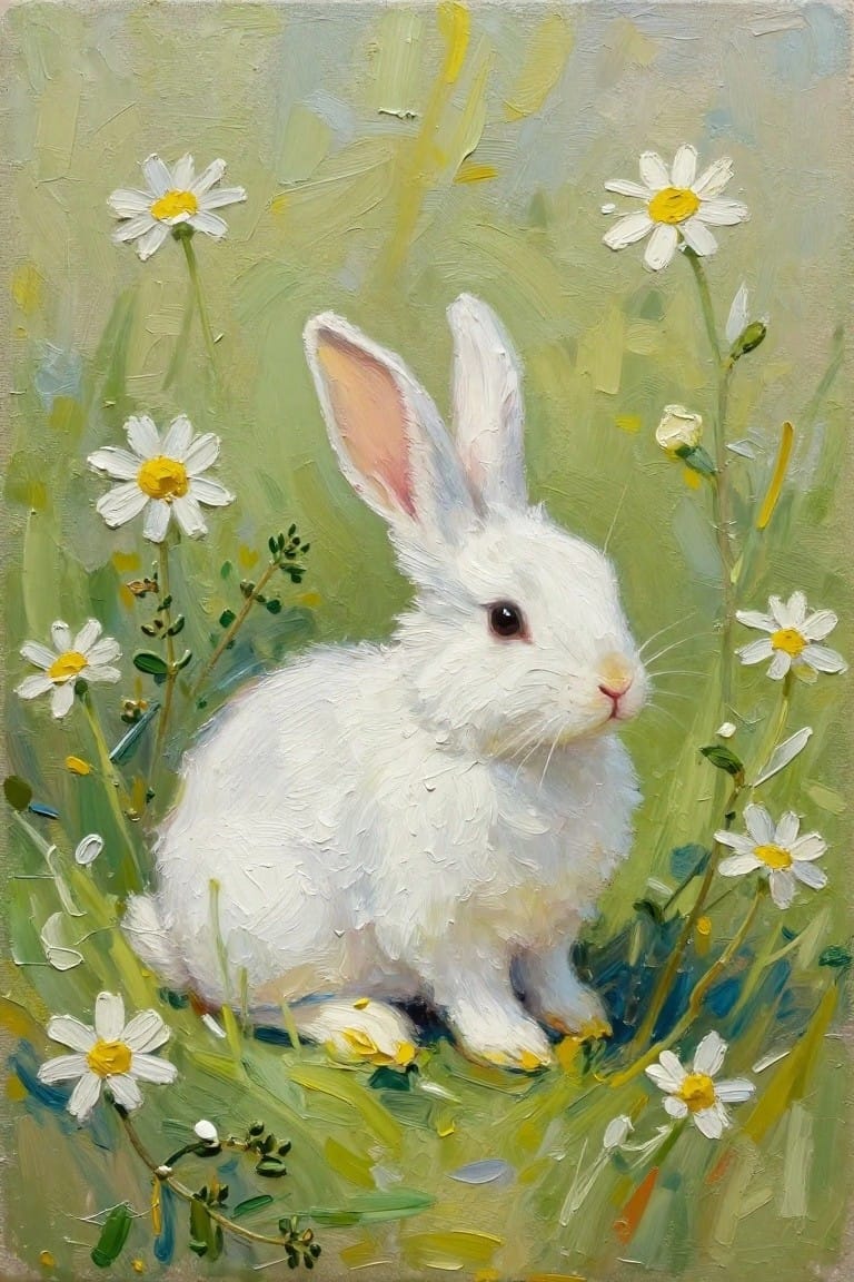 White rabbit sitting amid daisies in green grass, textured oil painting style