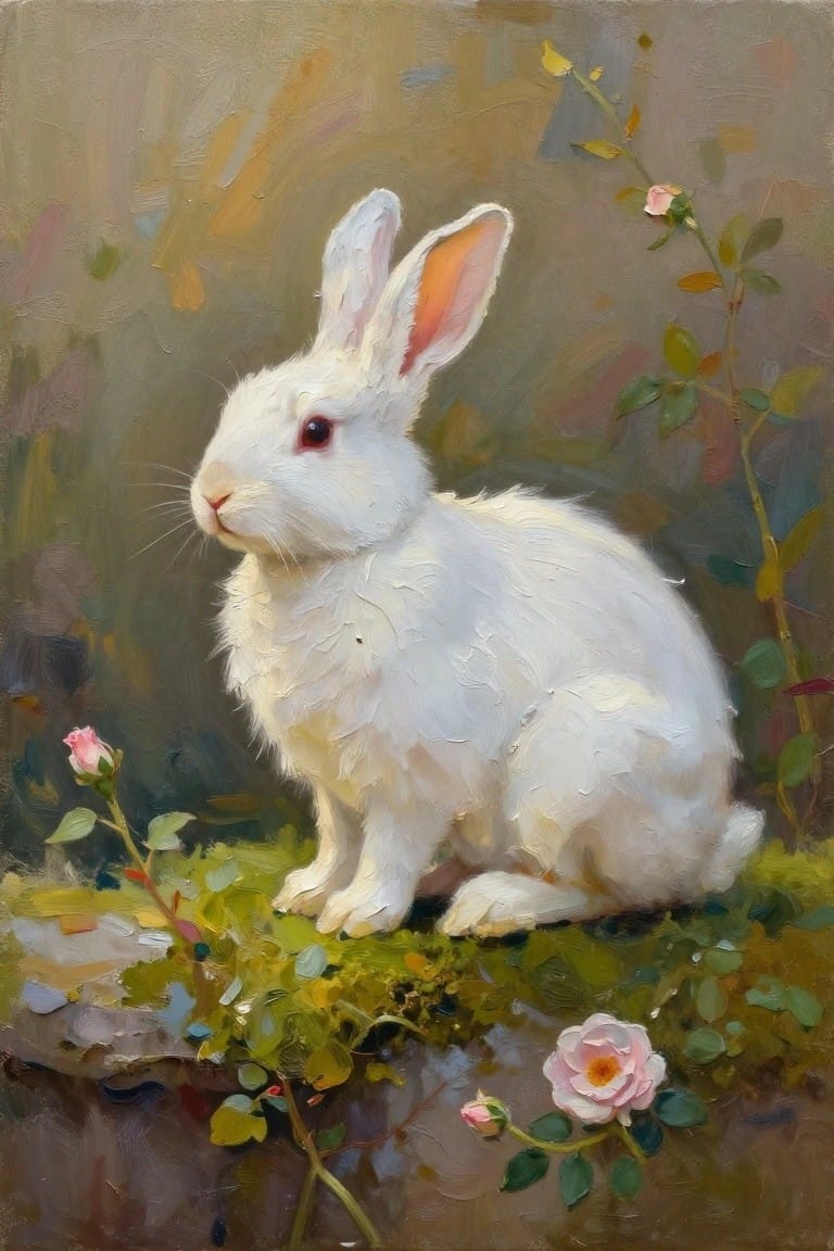 White rabbit with red eyes among pink roses on green foliage in oil painting