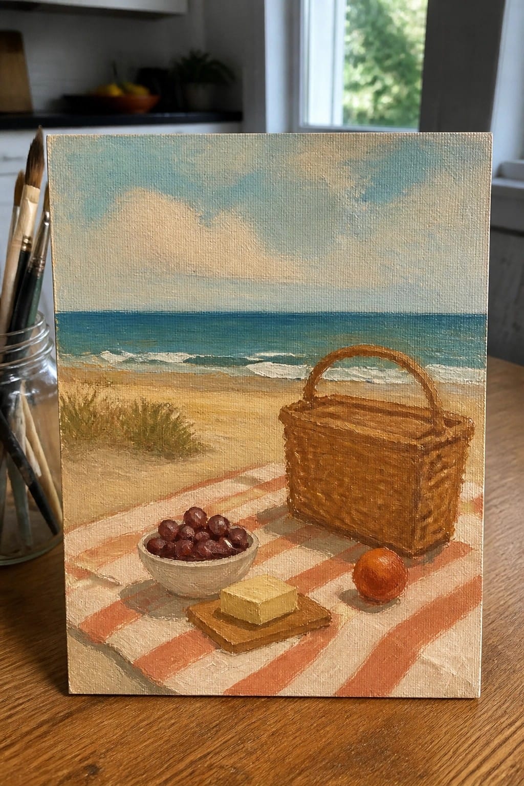 Realistic oil painting of beach picnic with basket, grapes, cheese, and orange on striped blanket