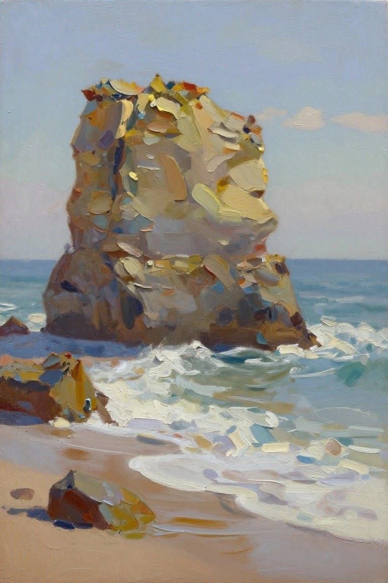 Vibrant oil painting of colorful rock formation by sea with crashing waves on beach.