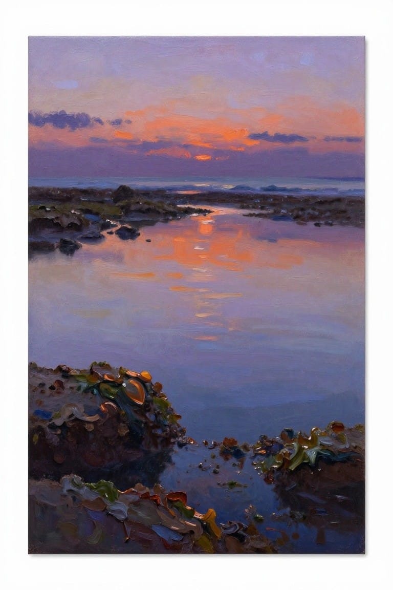 Sunset over calm waters with rocky foreground, vibrant orange sky, and reflections