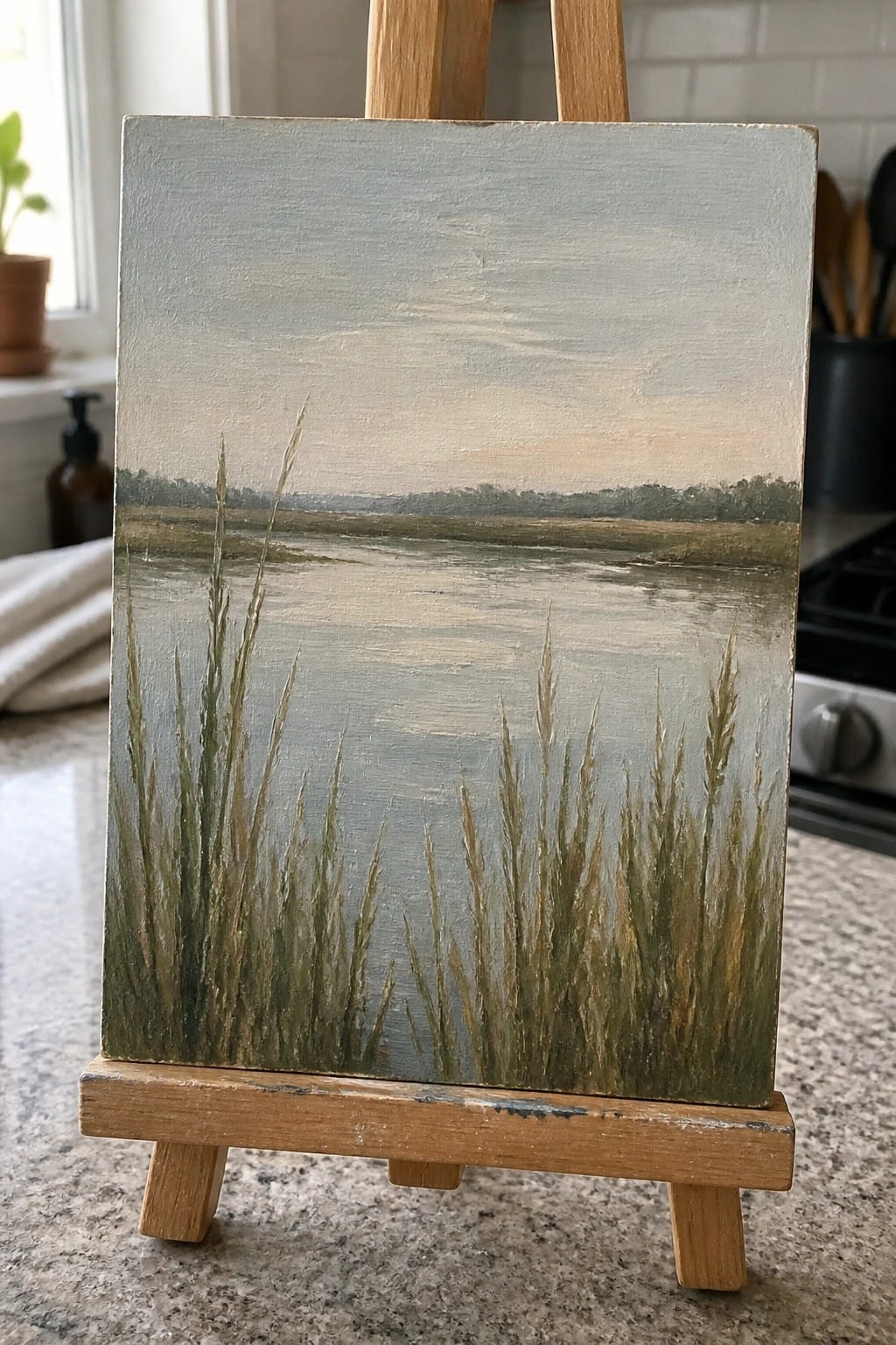 Landscape painting of marsh with tall reeds on wooden easel in kitchen