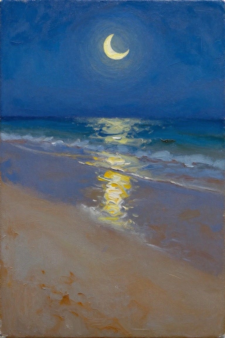 Impressionist oil painting of crescent moon reflecting on ocean waves at night beach