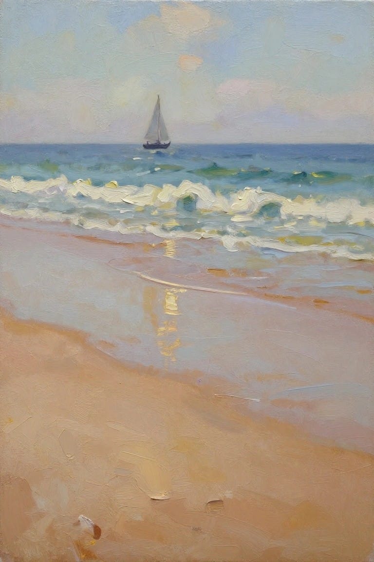 An oil painting shows a sandy beach foreground with rolling waves and a small sailboat on the distant ocean horizon under a soft sky.