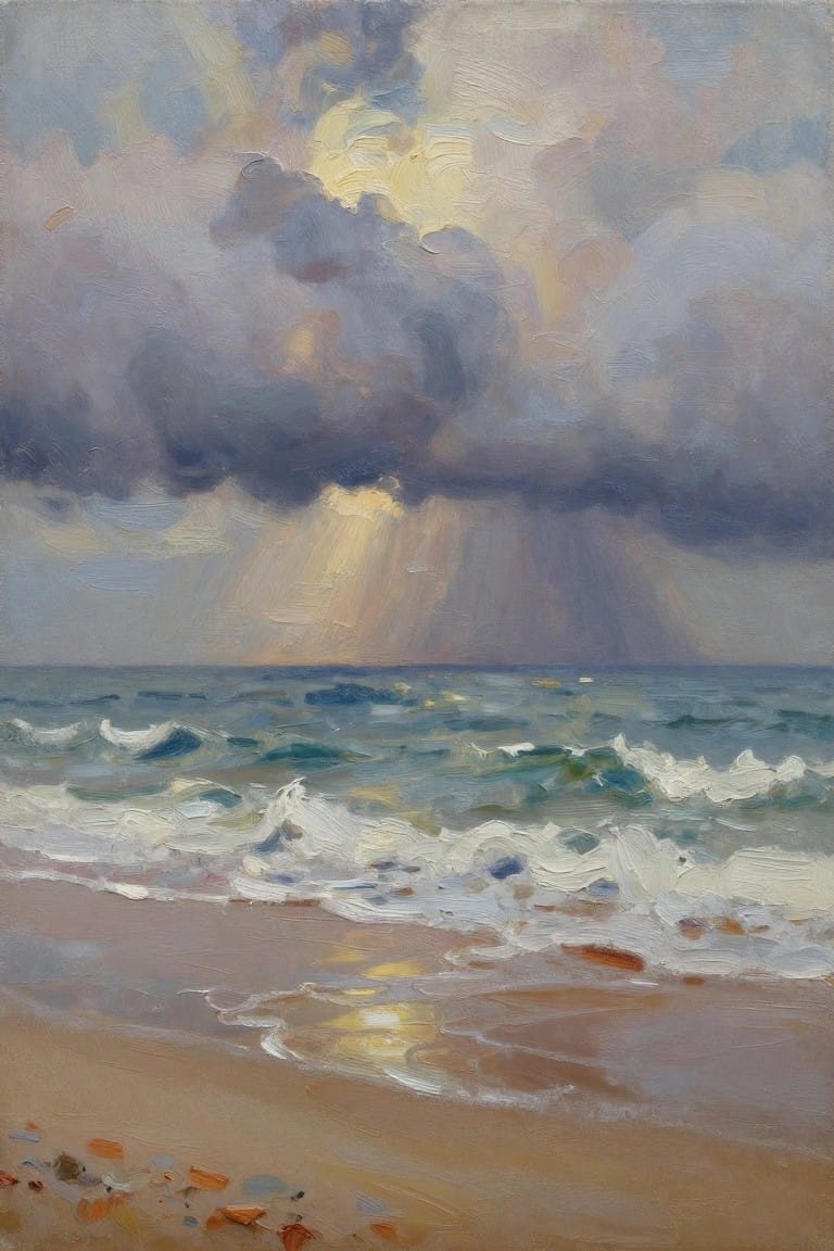 Painting of sunlight rays through stormy clouds over crashing waves on sandy beach