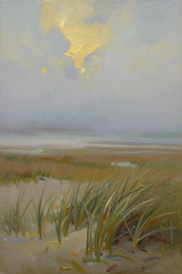 Dew-covered grasses rise from sandy dunes near hazy sea under golden clouds