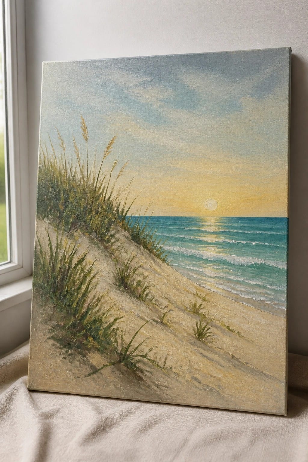 Beach landscape painting of sand dunes with grass overlooking sunset ocean waves.