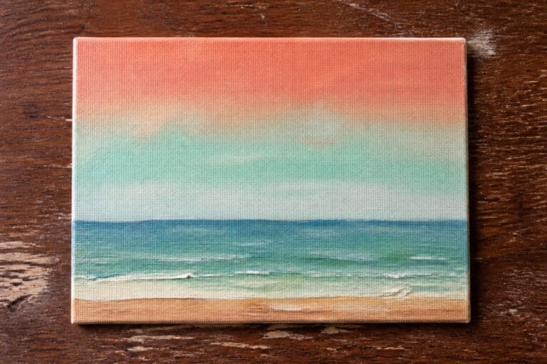 24 Coastal Beach Landscape Oil Paintings Inspired by Ocean Horizons Small canvas seascape with turquoise waves, white foam, and peach-pink sky on wood.