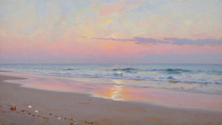 24 Coastal Beach Landscape Oil Paintings Inspired by Ocean Horizons An oil painting of a beach at sunset showing pink and orange sky, gentle waves, wet sand with reflections, and several small shells in the foreground.
