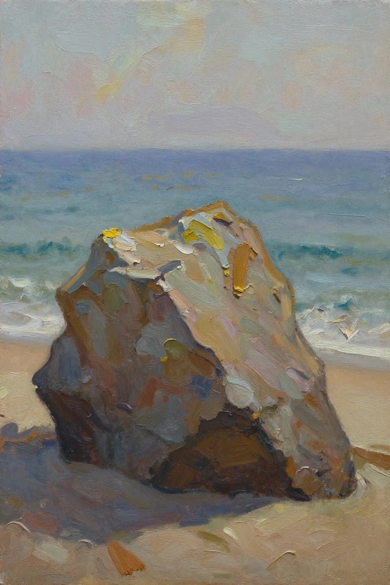 An oil painting of a large textured rock on a sandy beach with blue ocean and sky behind it.