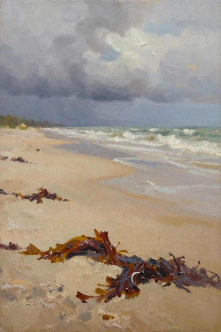 An oil painting of a sandy beach with dark seaweed in the foreground, gentle waves, and a sky filled with heavy gray clouds.