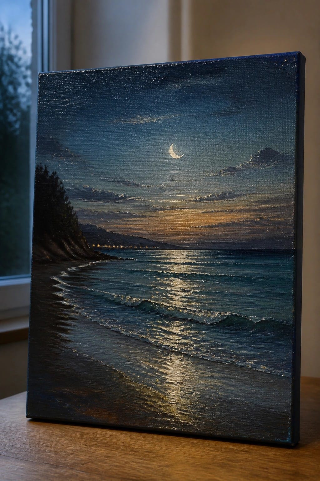 Realistic painting of crescent moon reflecting on waves along dark nighttime beach
