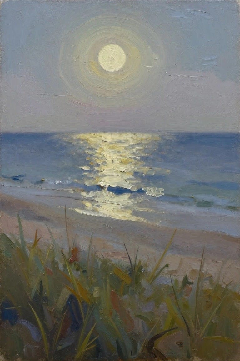 Sunlit ocean with golden reflections, blue waves, and grassy beach foreground in oil painting.