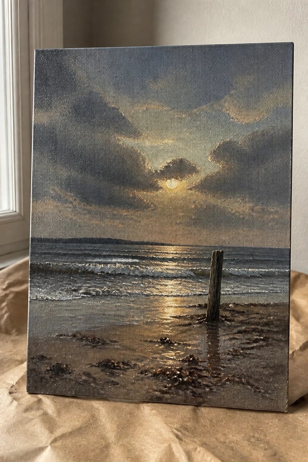 Oil painting of sunset over ocean with waves, clouds, and wooden post on wet beach