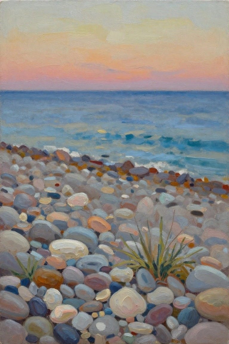An oil painting of a pebble beach at the water's edge with a soft orange and pink sky over calm blue ocean.