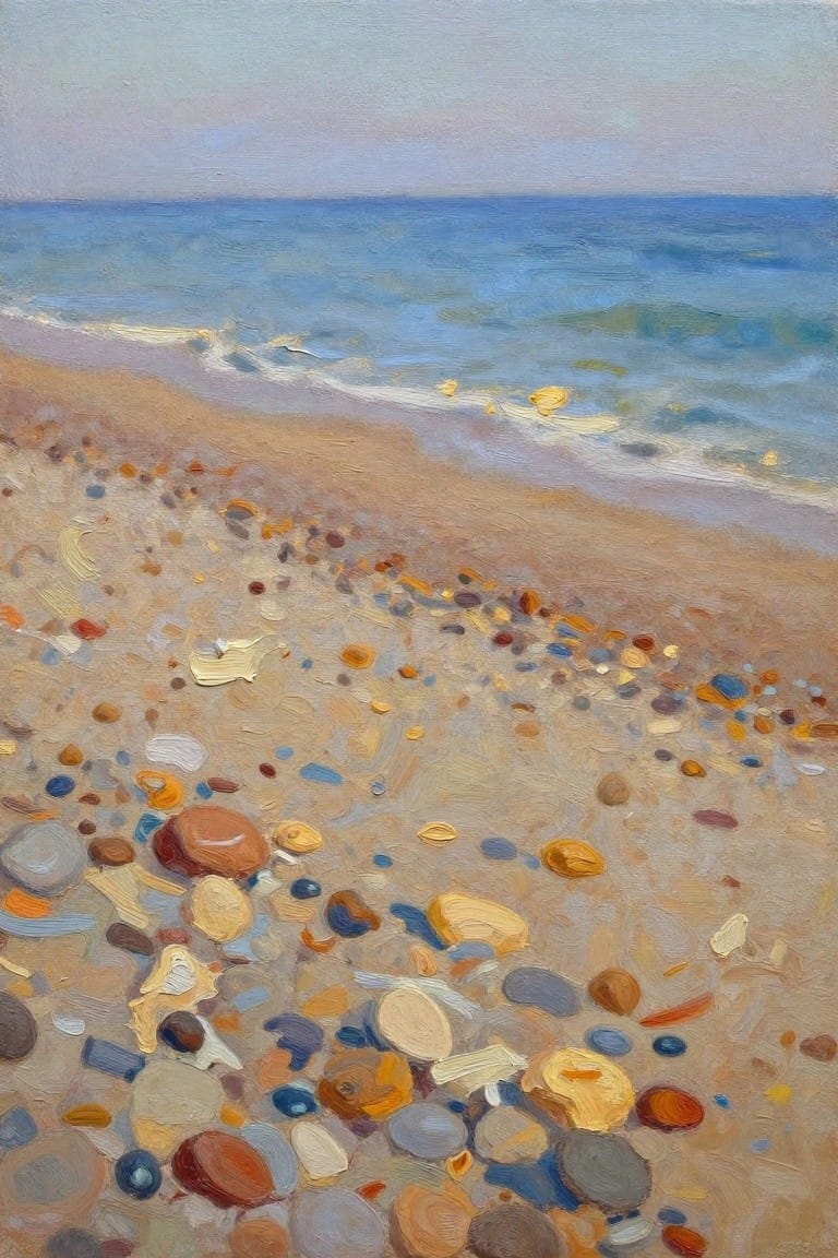 Sandy beach strewn with colorful pebbles beside gentle blue ocean waves.