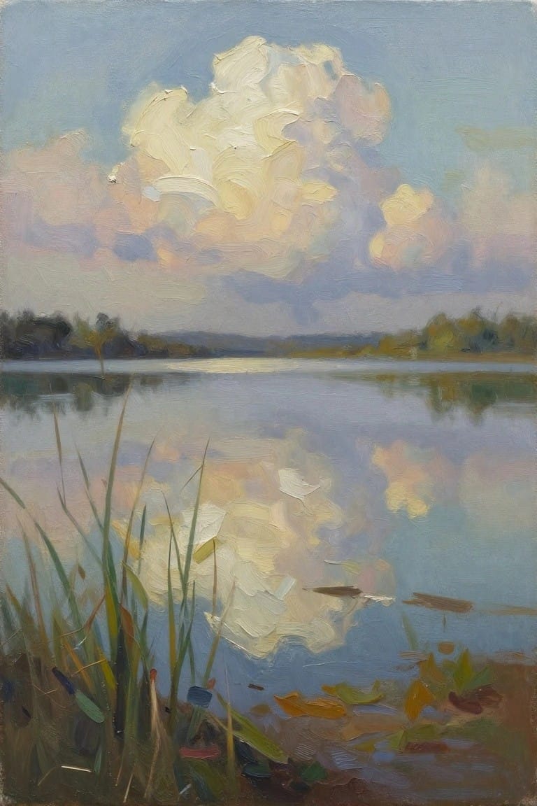 Impressionistic painting of large cloud reflecting in calm lake with grassy, leafy foreground.