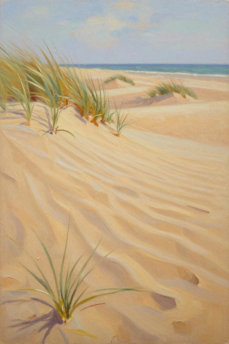 Sandy dunes with tall grass lead to a calm blue ocean under soft sky.