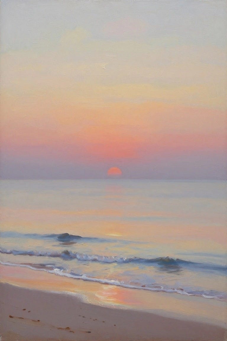 Oil painting of sunset over ocean with gentle waves lapping sandy shore at dusk