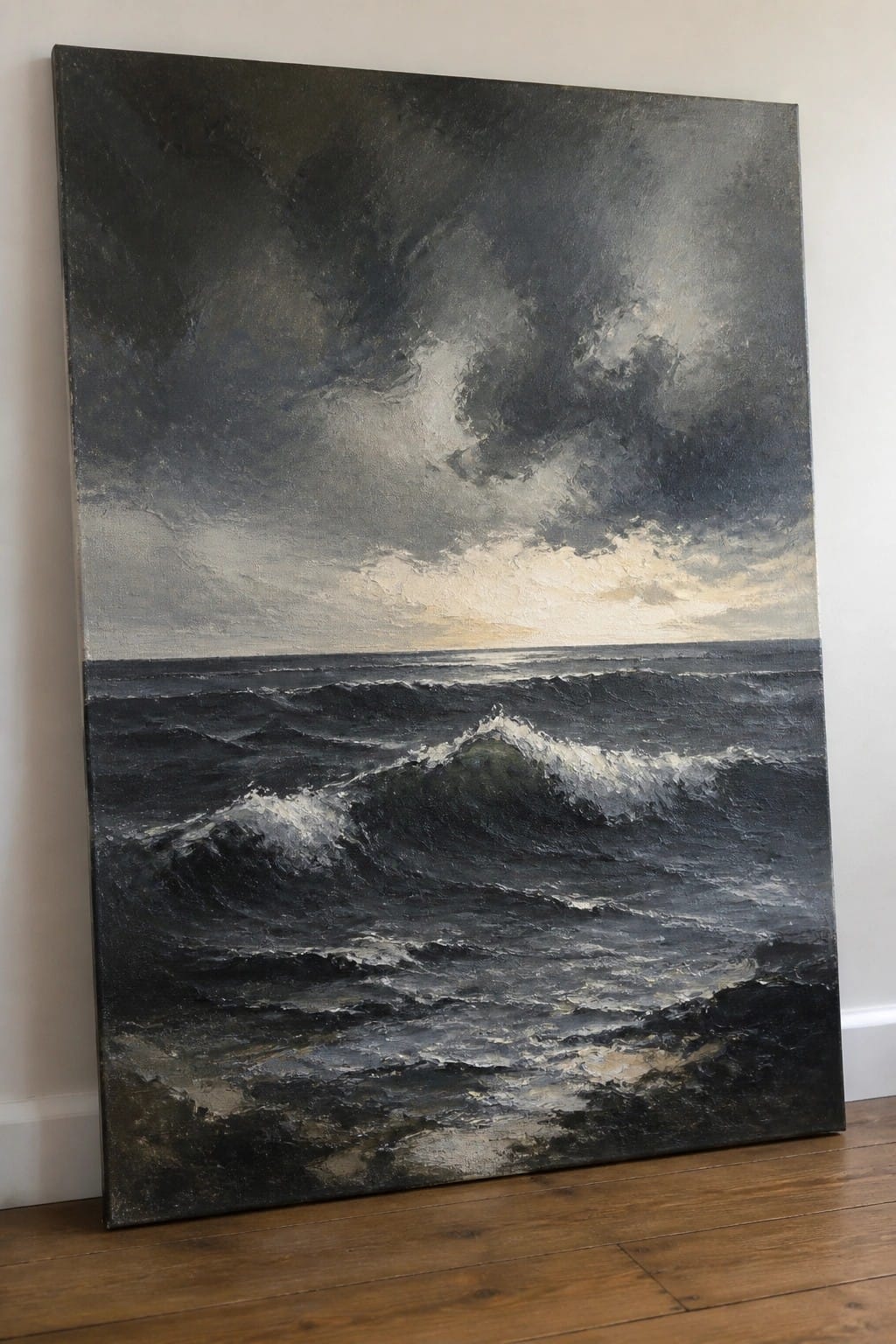 Stormy seascape painting of dark turbulent waves under cloudy skies on wooden floor