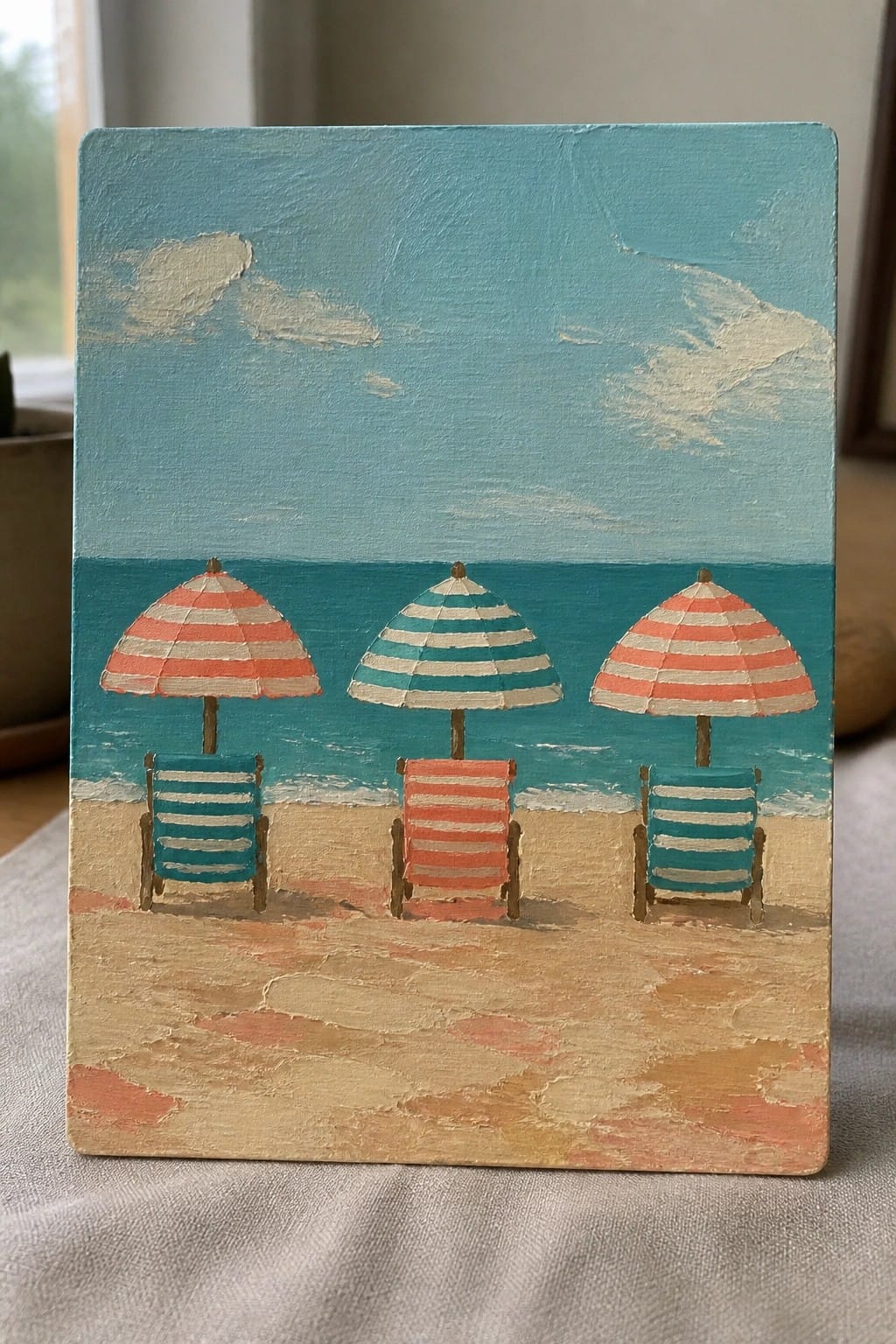 Three striped umbrellas and chairs on sandy beach facing turquoise ocean under blue sky