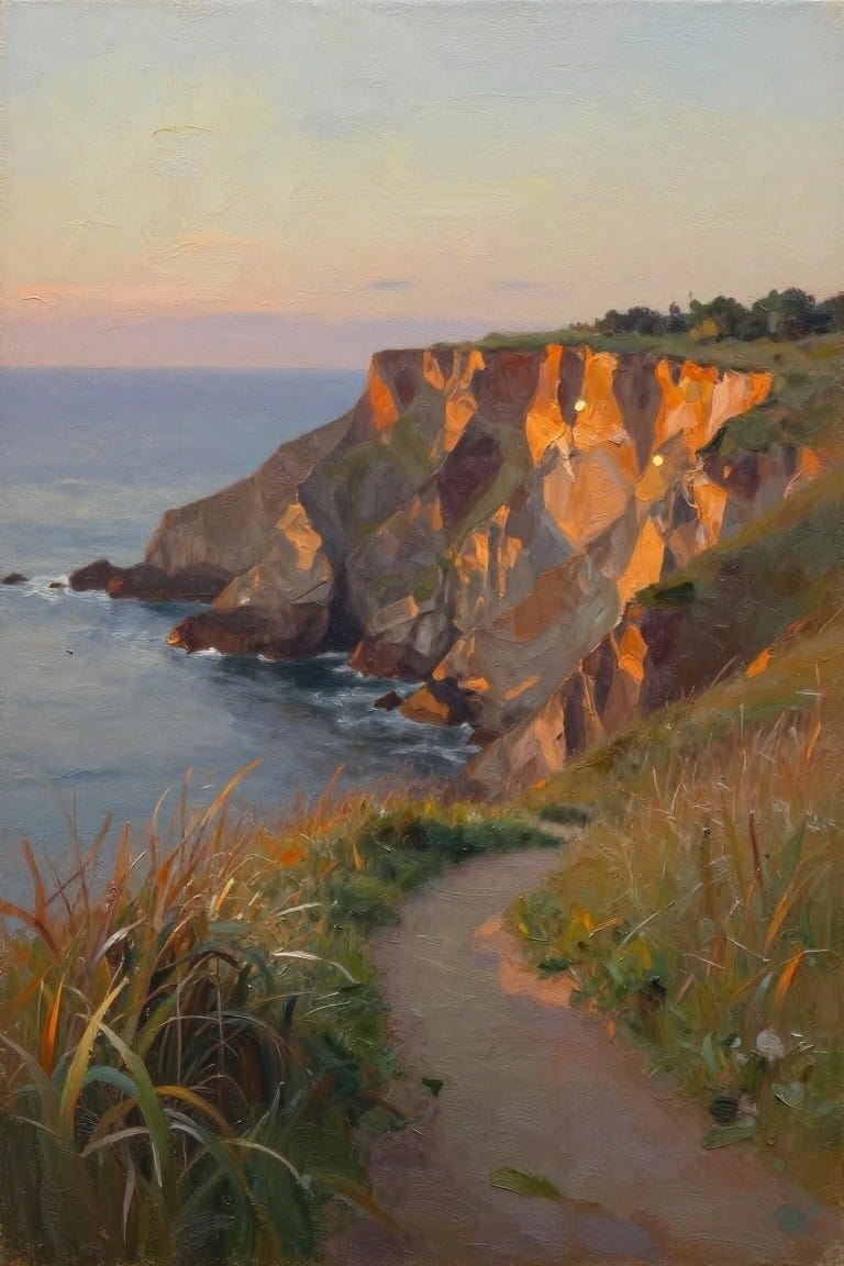Sunlit rocky cliffs rise above the blue ocean beside a grassy coastal path.