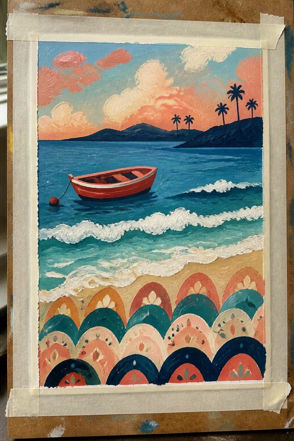 Vibrant painting of red boat on turquoise waves at sunset with palm trees and patterned beach.