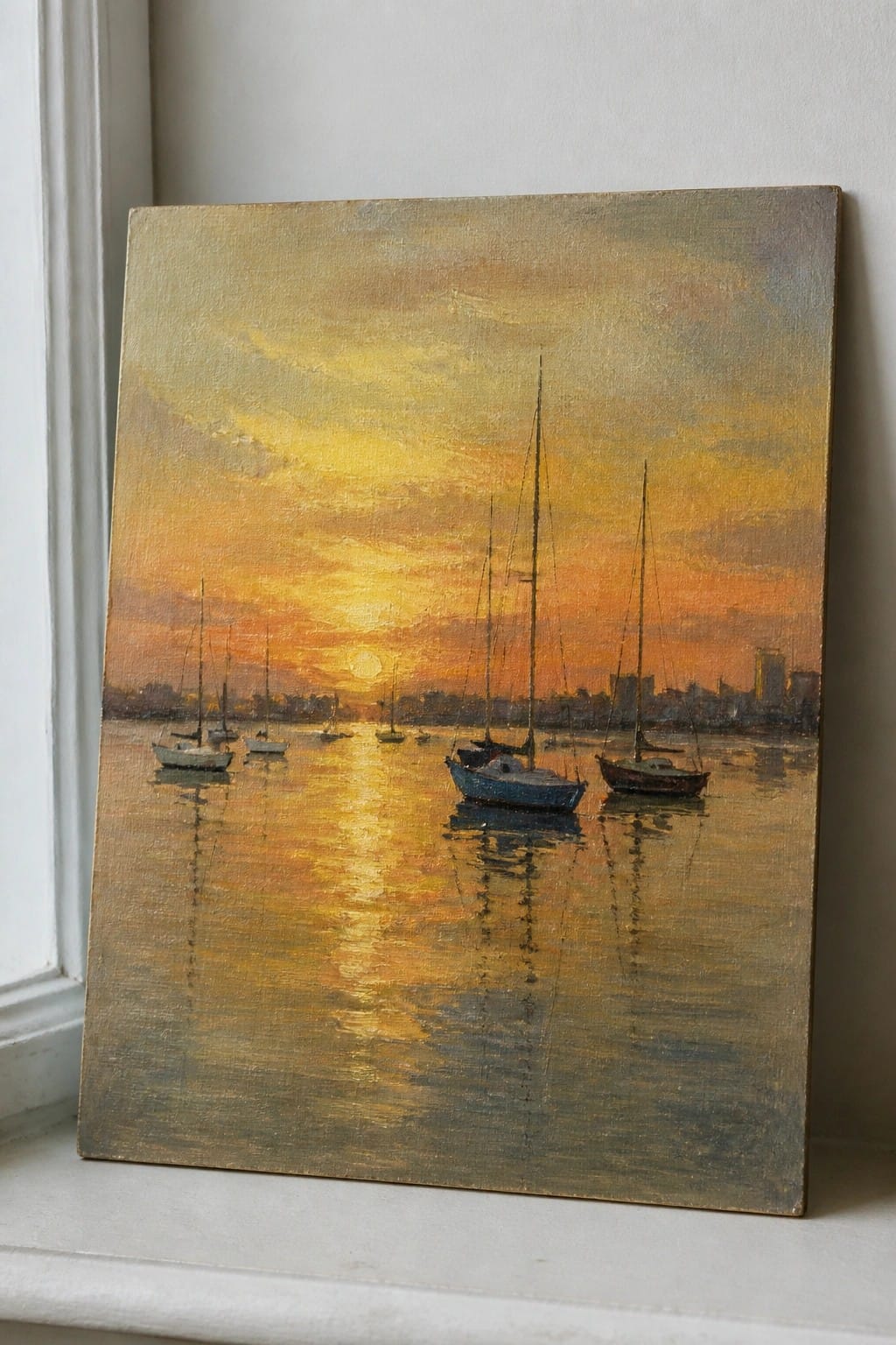 Sunset painting of sailboats with masts on golden reflective water and city skyline
